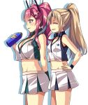  2girls azur_lane bangs blonde_hair bottle breast_envy breasts bremerton_(azur_lane) bremerton_(scorching-hot_training)_(azur_lane) cleveland_(azur_lane) commentary_request cowboy_shot crop_top crop_top_overhang hair_intakes hand_on_hip highres holding holding_bottle large_breasts long_hair macaroni_hourensou multiple_girls navel pink_eyes pink_hair pleated_skirt ponytail shaded_face shirt simple_background skirt sleeveless sleeveless_shirt sportswear standing sweatband tennis_uniform twintails two-tone_shirt two-tone_skirt water_bottle white_background white_shirt white_skirt wristband 