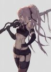  1girl absurdres android armlet bangs bare_shoulders black_gloves black_shorts blue_eyes commentary_request elbow_gloves from_side gloves grey_background hair_between_eyes hair_tie hand_on_hip high_ponytail highres holding holding_sword holding_weapon long_hair mole mole_under_mouth navel nier_(series) nier_automata over_shoulder robot_joints short_shorts shorts sidelocks standing sword sword_over_shoulder tank_top thigh-highs thighs weapon weapon_over_shoulder yasu_(segawahiroyasu) yorha_type_a_no._2 