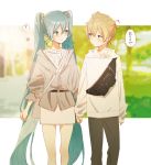  1boy 1girl ? absurdres aqua_hair bag bangs black_pants blonde_hair blue_eyes blurry blurry_background blush commentary couple expressionless feet_out_of_frame hair_ornament hatsune_miku hetero highres holding_hands hood hoodie jacket kagamine_len long_hair looking_at_another miniskirt outdoors pants shirt shoulder_bag skirt sleeves_past_wrists smile spoken_question_mark thought_bubble translated tree twintails very_long_hair vocaloid walking white_hoodie white_shirt white_skirt zamt_02 