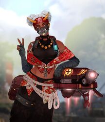  1girl apex_legends bandaged_arm bandages bare_shoulders belt belt_pouch blurry blurry_background breasts commentary_request cowboy_shot dark_skin day double_bun drone eyelashes hand_up highres lifeline_(apex_legends) looking_to_the_side mask medium_breasts mouth_mask outdoors pants pink_nails pouch rope rudehousecat short_hair solo standing turtleneck utility_belt white_hair 