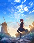  1girl adapted_costume anonamos arknights artist_name bag black_legwear clouds condensation_trail energy_wings exusiai_(arknights) hair_over_one_eye halo highres mountain path petals plant red_eyes red_sash redhead sash school_bag short_hair smile solo standing standing_on_one_leg sunset thigh-highs tree windmill zettai_ryouiki 