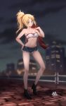  1girl bandeau bangs bare_shoulders blonde_hair blush braid breasts collarbone cutoffs fate/apocrypha fate_(series) french_braid gogatsu_fukuin green_eyes grin hair_ornament hair_scrunchie highres jacket jacket_removed jewelry long_hair looking_at_viewer micro_shorts mordred_(fate) mordred_(fate)_(all) navel necklace parted_bangs ponytail red_jacket red_scrunchie scrunchie shorts sidelocks small_breasts smile solo 