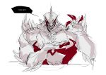 1boy claws darkin_sett demon evil_smile highres holding horn korean_text league_of_legends male_focus muscle open_mouth red_eyes saelyeon sett_(league_of_legends) sharp_teeth simple_background smile solo speech_bubble spikes teeth translation_request upper_body white_background 
