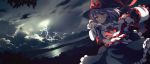  1girl black_skirt capelet clouds cloudy_sky commentary_request dark_clouds dise frills hat hat_ribbon lightning nagae_iku purple_hair ribbon scarlet_weather_rhapsody scenery shirt skirt sky solo thunder touhou white_shirt wind yellow_eyes 