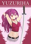  1girl adjusting_hair alternate_breast_size alternate_hair_length alternate_hairstyle armpits arms_up breasts camisole character_name crop_top cropped_legs groin hair_intakes hair_ribbon hands_in_hair highres long_hair mouth_hold navel ootachi open_fly pants planted_sword planted_weapon purple_hair red_camisole red_eyes red_ribbon ribbon ribbon_in_mouth rigid_fouling small_breasts solo sword under_night_in-birth weapon yuzuriha_(under_night_in-birth) 