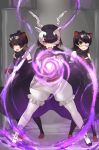  3girls antelope_ears antelope_horns australian_devil_(kemono_friends) bare_shoulders black_bow black_cape black_dress black_hair blackbuck_(kemono_friends) bow bowtie brown_gloves cape commentary_request detached_sleeves dress eyebrows_visible_through_hair eyepatch gloves hair_over_one_eye hammer highres kemono_friends magic medical_eyepatch multicolored_hair multiple_girls pantyhose puffy_shorts red_eyes short_hair shorts tadano_magu tasmanian_devil_(kemono_friends) tasmanian_devil_ears two-tone_hair white_gloves white_hair white_legwear white_shorts 