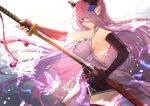  1girl asymmetrical_gloves bare_shoulders black_gloves blue_eyes boots braid breasts commentary_request demon_horns draph elbow_gloves fingerless_gloves from_side gloves granblue_fantasy hair_ornament holding holding_sword holding_weapon horns large_breasts lavender_hair long_hair narmaya_(granblue_fantasy) pointy_ears sheath shirt sideboob single_braid sleeveless sleeveless_shirt sword thigh-highs thigh_boots very_long_hair weapon ya99ru 