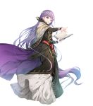  1girl black_dress black_feathers book cape casting_spell dress eyebrows_visible_through_hair feathers fire_emblem fire_emblem_heroes hair_between_eyes highres holding holding_book long_dress long_hair miwabe_sakura official_art outstretched_hand purple_hair solo sophia_(fire_emblem) very_long_hair violet_eyes 