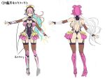  1girl alternate_hairstyle aqua_hair ass_visible_through_thighs breasts character_sheet concept_art covered_navel from_behind full_body headphones high_heels large_breasts long_hair multicolored_hair multiple_views nitroplus pink_hair ponytail red_eyes skin_tight smile solid_oval_eyes solo standing stiletto_heels super_sonico taimanin_rpgx taimanin_suit thigh_gap tsuji_santa turnaround two-tone_hair 