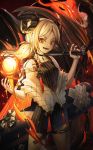  1girl absurdres arknights bangs black_choker blonde_hair choker collarbone commentary_request dress eyebrows_visible_through_hair fangs fire gun highres holding holding_gun holding_weapon horns huge_filesize ifrit_(arknights) ildy long_hair looking_at_viewer orange_eyes parted_bangs red_nails smile solo twintails weapon yellow_nails 