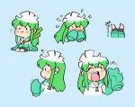  1girl :d bike_shorts blue_background blush_stickers chibi closed_eyes commentary english_commentary flying_sweatdrops green_hoodie hood hood_down hoodie konegi_(rariatto) multicolored_hair multiple_views open_mouth original parted_lips rariatto_(ganguri) simple_background sitting sleeves_past_fingers sleeves_past_wrists smile spring_onion two-tone_hair upside-down v very_long_sleeves 