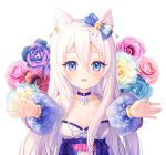  1girl :d animal_ear_fluff animal_ears bangs bare_shoulders bell bell_choker blue_choker blue_eyes blue_flower blue_rose blue_sleeves blush breasts cat_ears choker collarbone commentary detached_sleeves dress english_commentary eyebrows_visible_through_hair flower foreshortening hair_between_eyes jingle_bell long_hair long_sleeves natsumii_chan open_mouth original outstretched_arms pink_flower pink_rose print_sleeves puffy_long_sleeves puffy_sleeves red_flower red_rose rose simple_background sleeveless sleeveless_dress small_breasts smile snowflake_print solo upper_body very_long_hair white_background white_dress white_flower white_hair white_rose 