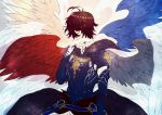  1boy ahoge black_wings blue_wings brown_hair closed_eyes covered_mouth cuirass feathered_wings feathers gauntlets granblue_fantasy hand_up highres holding holding_feather kawasemi_sumika male_focus multicolored multicolored_wings multiple_wings orange_wings pauldrons red_wings sandalphon_(granblue_fantasy) short_hair solo standing white_wings wings 
