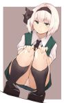  1girl bangs black_footwear black_legwear black_neckwear blunt_bangs green_eyes hair_ribbon hairband highres kneehighs konpaku_youmu looking_at_viewer panties pantyshot pantyshot_(squatting) ribbon rizeass shirt short_hair squatting touhou underwear vest white_hair white_shirt 