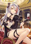 1girl alcohol alternate_costume antenna_hair azur_lane bangs bare_shoulders black_dress black_gloves blurry blurry_background blush bottle bow breasts commentary_request cup dress dress_lift drinking_glass eyebrows_visible_through_hair gloves hair_between_eyes hair_bow head_tilt highres holding holding_cup indoors ks lifted_by_self long_hair looking_at_viewer medium_breasts mole mole_on_breast multicolored_hair open_mouth parted_lips prinz_eugen_(azur_lane) prinz_eugen_(cordial_cornflower)_(azur_lane) redhead silver_hair sitting skirt_hold smile solo stairs streaked_hair swept_bangs thigh_strap thighs two_side_up very_long_hair wine yellow_eyes 