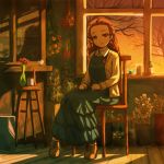  1girl bare_tree brown_eyes brown_hair chair green_skirt highres idolmaster idolmaster_cinderella_girls indoors long_hair long_sleeves looking_at_viewer origami paper_crane plant potted_plant seki_hiromi sitting skirt solo tree twilight vase window 