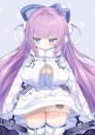  1girl :t animal_ears aran_sweater azur_lane bangs blue_eyes blush brown_sweater chain closed_mouth coat dress eyebrows_visible_through_hair fake_animal_ears fur-trimmed_coat fur_trim grey_background hair_ornament hair_ribbon highres koko_ne_(user_fpm6842) long_hair long_sleeves looking_at_viewer pout purple_hair ribbon sad shirt simple_background sleeves_past_fingers sleeves_past_wrists snowflake_background solo sweater tashkent_(azur_lane) thigh-highs very_long_hair white_coat white_legwear 