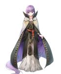  1girl absurdly_long_hair black_dress black_feathers cape dress expressionless eyebrows_visible_through_hair feathers fire_emblem fire_emblem_heroes hair_between_eyes highres long_dress long_hair looking_at_viewer miwabe_sakura official_art purple_hair solo sophia_(fire_emblem) transparent_background very_long_hair violet_eyes 