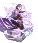  1girl black_dress black_feathers book cape casting_spell dress eyebrows_visible_through_hair feathers fire_emblem fire_emblem_heroes hair_between_eyes highres holding holding_book long_dress long_hair magic miwabe_sakura official_art outstretched_hand purple_hair solo sophia_(fire_emblem) very_long_hair violet_eyes 