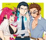  1girl 2boys ahoge beard black_hair blue_eyes brown_hair chest facial_hair facial_scar fate/extra fate/grand_order fate_(series) francis_drake_(fate) gradient_hair hand_on_eyewear long_hair long_sleeves looking_at_viewer multicolored_hair multiple_boys muscle napoleon_bonaparte_(fate/grand_order) nikola_tesla_(fate/grand_order) open_clothes open_mouth pants pectorals pink_hair scar shitappa simple_background smile 