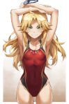 1girl armpits arms_behind_head arms_up bangs bare_shoulders blonde_eyebrows blonde_hair blush border breasts brown_background closed_mouth collarbone commentary_request competition_swimsuit covered_navel cowboy_shot fate/apocrypha fate_(series) female_only goggles gradient gradient_background green_eyes highres long_hair looking_at_viewer mordred_(fate) mordred_(fate)_(all) no_panties one-piece_swimsuit red_swimsuit sidelocks small_breasts smile solo swimsuit thighs tonee white_border