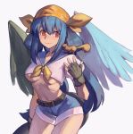  1girl asymmetrical_wings belt blue_hair breasts crop_top dizzy_(guilty_gear) fingerless_gloves gloves guilty_gear guilty_gear_xx long_hair midriff red_eyes ribbon sailor_collar sailor_shirt shirt short_shorts shorts simple_background solo squirrel tail tail_ribbon twintails uncle_rabbit_ii under_boob wings 
