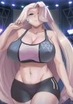  1girl alternate_costume bare_shoulders blue_eyes blush breasts earrings hair_over_one_eye highres huge_breasts jewelry kakeku long_hair looking_at_viewer melon_(pokemon) midriff navel pearl_earrings pokemon pokemon_(game) pokemon_swsh shorts sports_bra thick_thighs thighs very_long_hair white_hair wide-hips 