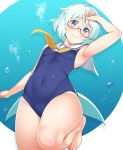  1girl air_bubble animal_ears aqua_hair arm_up blue_eyes breasts bubble cowboy_shot fins glasses hand_on_forehead honda_naoki murenase!_shiiton_gakuen one-piece_swimsuit open_mouth red-framed_eyewear sailor_collar semi-rimless_eyewear shiiton_gakuen_school_uniform_(sea_branch) shiroumi_kana short_hair small_breasts solo swimsuit tail thighs under-rim_eyewear water whale_girl white_hair yellow_neckwear 