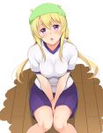  1girl arms_between_legs bangs blonde_hair blue_shorts breasts floor gym_uniform hair_between_eyes hands_together honda_naoki long_hair looking_at_viewer looking_up low_twintails moss murenase!_shiiton_gakuen open_mouth shirt shishio_miyubi shorts simple_background sitting solo twintails violet_eyes white_shirt 