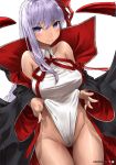  1girl bangs bare_shoulders bat_wings bb_(fate)_(all) bb_(swimsuit_mooncancer)_(fate) black_coat blush breasts closed_mouth coat dark_skin fate/grand_order fate_(series) hair_ribbon haraya_manawari highleg highleg_leotard large_breasts leotard leotard_pull long_hair long_sleeves looking_at_viewer neck_ribbon off_shoulder open_clothes open_coat popped_collar purple_hair red_ribbon ribbon simple_background smile solo tan thighs vampire_costume very_long_hair violet_eyes white_background white_leotard wide_sleeves wings 