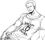  1boy bb_(baalbuddy) earrings greyscale hair_slicked_back jewelry looking_at_viewer male_focus monochrome one_piece parted_lips roronoa_zoro sanpaku shirt short_sleeves simple_background solo upper_body white_background 