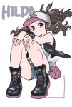  1girl baseball_cap black_vest blue_eyes brown_hair closed_mouth curly_hair denim denim_shorts hat high_ponytail highres long_hair looking_at_viewer minapo pokemon pokemon_(game) pokemon_bw ponytail shirt short_shorts shorts simple_background sleeveless sleeveless_shirt solo touko_(pokemon) vest white_background white_shirt 