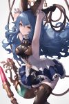  1girl animal_ears armpits arms_up backless_outfit bangs black_gloves blue_hair blush breasts brown_eyes brown_legwear closed_mouth erune ferry_(granblue_fantasy) frilled_gloves frills gloves granblue_fantasy hair_between_eyes highres holding holding_weapon holding_whip inaba_sunimi jewelry long_hair looking_at_viewer medium_breasts rabbit_ears sideboob simple_background single_earring smile solo thigh-highs wavy_hair weapon whip zettai_ryouiki 