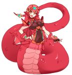  1girl :d armor black_gloves breasts cosplay eyebrows_visible_through_hair fingerless_gloves full_body gloves hair_between_eyes hair_ornament hairclip hand_on_hip headpiece pyra_(xenoblade) pyra_(xenoblade)_(cosplay) lamia large_breasts long_hair looking_at_viewer miia_(monster_musume) monster_girl monster_musume_no_iru_nichijou navel neon_trim open_mouth pointy_ears red_shorts redhead rtil scales short_shorts short_sleeves shorts signature simple_background slit_pupils smile solo standing tail tail_ornament tiara turtleneck underbust vambraces white_background xenoblade_(series) xenoblade_2 yellow_eyes 
