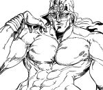  1boy abs battle_tendency bb_(baalbuddy) bracelet closed_mouth earrings greyscale hand_up hat hoop_earrings jewelry jojo_no_kimyou_na_bouken looking_at_viewer male_focus monochrome muscle nude simple_background solo turban wamuu white_background 