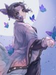  1girl black_hair black_jacket black_pants blue_eyes bug butterfly butterfly_hair_ornament closed_mouth cowboy_shot floating_hair from_side hair_ornament haori insect izumi_(2476264) jacket japanese_clothes kimetsu_no_yaiba kochou_shinobu long_sleeves looking_at_viewer military military_uniform moon pants shiny shiny_hair short_hair smile solo standing uniform 