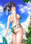  1girl ass back bad_anatomy bad_arm bikini blue_eyes blue_hair blue_sky blush breasts commentary_request cowboy_shot day green_bikini hair_between_eyes highres kantai_collection kuromayu large_breasts long_hair ocean open_mouth sky solo souryuu_(kantai_collection) swimsuit twintails wet 