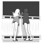  2girls ass christina_morgan cigarette facing_away highres holding holding_cigarette ichiren_namiro long_hair long_sleeves multiple_girls night no_pants outdoors panties princess_connect! princess_connect!_re:dive railing shirogane_jun shirt short_hair short_sleeves slippers smoke standing underwear 