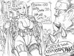  1boy 1girl assault_rifle bb_(baalbuddy) blush bomb breasts coat contrapposto ear_piercing earrings elf english_text explosive grenade greyscale gun hidden_weapon highres hoop_earrings jewelry large_breasts leotard long_hair long_sleeves monochrome open_clothes open_coat orc original orkz parted_lips pauldrons piercing pointy_ears pouch rifle shoulder_spikes smile spikes thigh-highs warhammer_40k weapon 