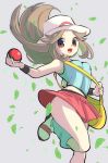  1girl ass bag blue_(pokemon) breasts brown_hair chorimokki hat long_hair looking_at_viewer messenger_bag open_mouth poke_ball poke_ball_(generic) pokemon pokemon_(game) pokemon_frlg porkpie_hat red_skirt shirt shoulder_bag simple_background skirt sleeveless sleeveless_shirt smile solo 