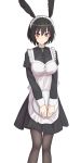  1girl alternate_costume apron black_dress black_hair black_legwear blush breasts dress elfenlied22 enmaided fate/grand_order fate_(series) head_wings highres holding holding_plate large_breasts maid maid_apron maid_headdress ortlinde_(fate/grand_order) pantyhose plate red_eyes short_dress short_hair simple_background smile solo valkyrie_(fate/grand_order) white_background 