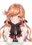  1girl alternate_hairstyle aoi_(kirabosi105) bare_shoulders black_gloves clarisse_(granblue_fantasy) collarbone gloves granblue_fantasy green_eyes hair_ribbon highres looking_at_viewer orange_hair ribbon solo 