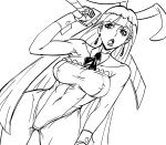 1girl animal_ears bangs bare_shoulders bb_(baalbuddy) blunt_bangs bow bowtie breasts bunny_girl bunnysuit contrapposto covered_navel covered_nipples cowboy_shot detached_collar dutch_angle earrings greyscale hime_cut holding holding_sword holding_weapon jewelry katana large_breasts long_hair looking_at_viewer monochrome open_mouth over_shoulder panty_&amp;_stocking_with_garterbelt rabbit_ears simple_background solo stocking_(psg) sword sword_over_shoulder very_long_hair weapon weapon_over_shoulder white_background wing_collar wrist_cuffs 
