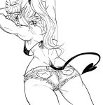  1girl ass ass_focus back bare_arms bare_shoulders bb_(baalbuddy) bikini bikini_top black_sclera contrapposto cowboy_shot demon_girl demon_horns demon_tail dimples_of_venus from_behind greyscale halterneck hands_up highres horns long_hair looking_at_viewer looking_back micro_shorts monochrome original ponytail short_shorts shorts simple_background solo standing swimsuit tail toned white_background 