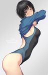 1girl amagami black_eyes black_hair black_swimsuit blue_swimsuit bob_cut breasts commentary_request competition_swimsuit cowboy_shot grey_background looking_at_viewer nanasaki_ai nozomi-y one-piece_swimsuit short_hair simple_background small_breasts solo swimsuit undressing 
