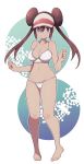 1girl barefoot blue_eyes bra breasts brown_hair double_bun full_body highres lamb-oic029 large_breasts long_hair looking_at_viewer mei_(pokemon) panties pokemon pokemon_(game) pokemon_bw2 solo standing twintails underwear very_long_hair visor_cap white_background white_bra white_panties 