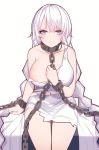  1girl avrora_(azur_lane) avrora_(shackled_saule)_(azur_lane) azur_lane bangs bare_shoulders blue_eyes blush breasts chain closed_mouth collarbone cuffs dress dungeon eyebrows_visible_through_hair highres holding_chain large_breasts long_hair looking_at_viewer navel revision shackles silver_hair simple_background sitting siu_(siu0207) smile solo thighs torn_clothes torn_dress very_long_hair white_background white_dress 