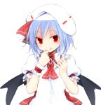  1girl :q blue_hair brooch commentary_request curiosities_of_lotus_asia dress fork hands_up hat hat_ribbon holding holding_fork jewelry kazeharu looking_at_viewer red_eyes red_neckwear red_ribbon remilia_scarlet ribbon short_hair short_sleeves simple_background solo tongue tongue_out touhou upper_body white_background white_dress white_headwear wings wrist_cuffs 