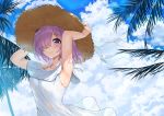  1girl absurdres armpits arms_up blue_sky blush breasts closed_mouth dress fate/grand_order fate_(series) hair_over_one_eye hat hat_ribbon highres jjeono large_breasts lavender_hair looking_at_viewer mash_kyrielight palm_tree purple_hair revision ribbon sky smile solo straw_hat tree violet_eyes white_dress white_ribbon 