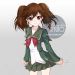  1girl artist_name brown_eyes brown_hair character_name commentary_request cosplay cowboy_shot green_jacket green_sailor_collar green_skirt inaba_shiki jacket kantai_collection long_sleeves neck_ribbon pleated_skirt red_ribbon ribbon ryuujou_(kantai_collection) sailor_collar school_uniform serafuku shimushu_(kantai_collection) shimushu_(kantai_collection)_(cosplay) skirt solo twintails 